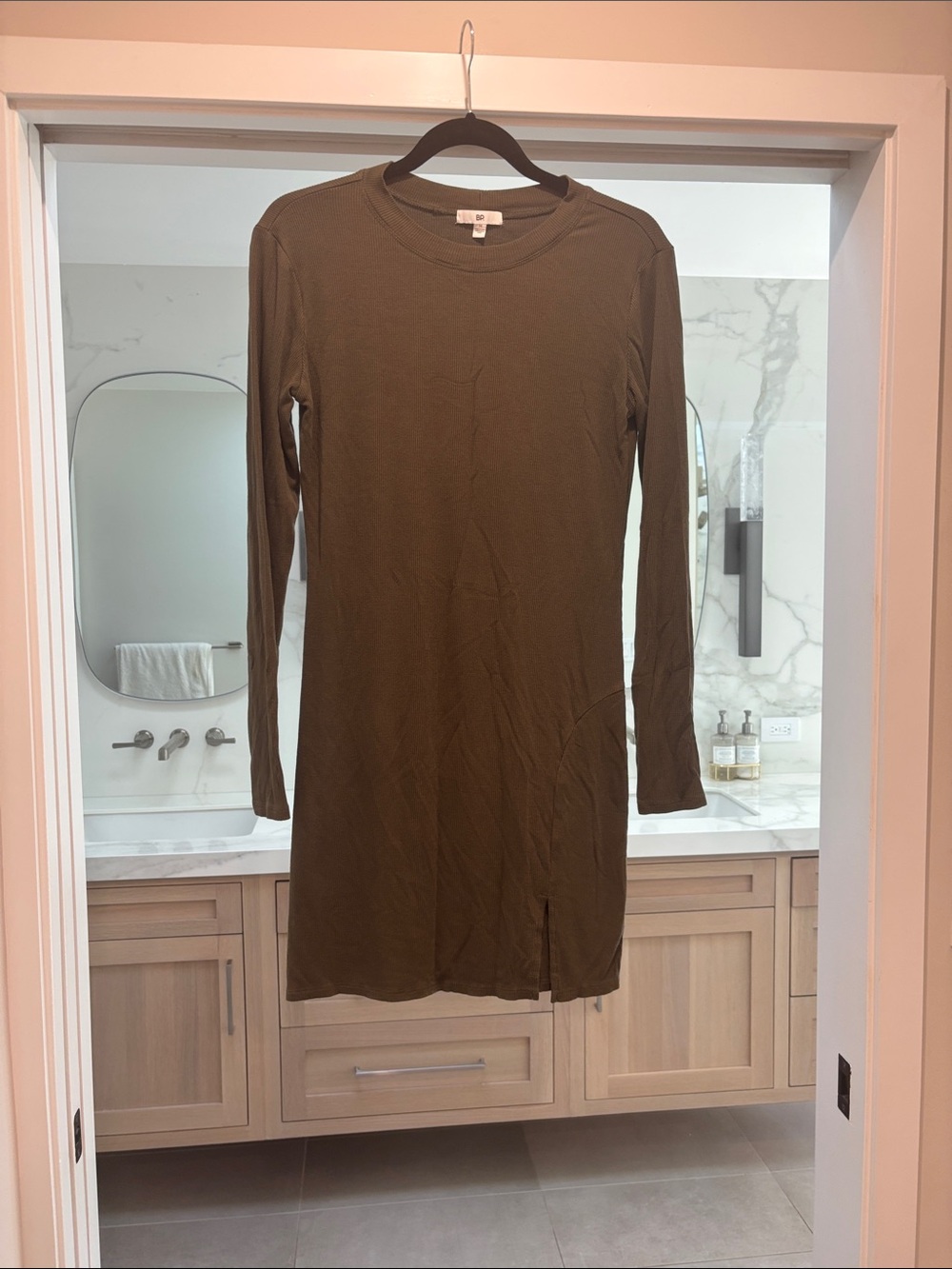 bp Olive Green Long-Sleeve Knit Shift Dress